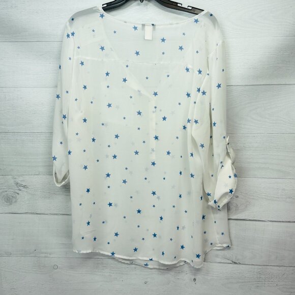 Torrid Harper Georgette Blouse Sheer Blue Star Print Roll Tab Sleeve Plus 2 | 2X - Picture 8 of 12